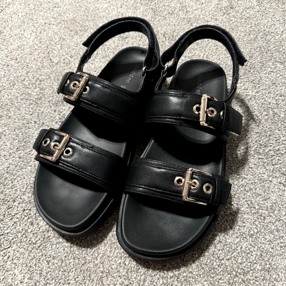 Madden Girl Black Sandals with Gold Buckles